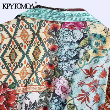 KPYTOMOA Дамска мода Мозайка рокля с флорални принтом Асиметрични блузи Реколта с дълъг ръкав на съвсем малък Дамски ризи, Шикозни блузи