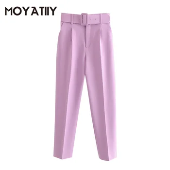 MOYATIIY Дамска мода 2021 Висока талия с колан Панталон Класически карамел цвят с цип Дизайнерски панталон Офис женски дамски панталони