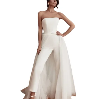Сватбена рокля ChicCorset 2 в 1 Сатен Сватбени Елегантни Поли Гащеризони Boho Сладко с открити рамене Сватбени рокли с пола
