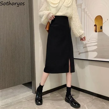 Черни прости поли с дължина до хайвер със странична цепка Драпирани Модни пролетни Елегантни, Ежедневни с висока талия в корейски стил Дизайн Плюс-Размер S-5XL