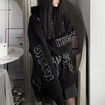 QWEEK Черната готическа hoody с качулка за жени Аниме Графичен Големи Градинска облекло пуловер с дълъг ръкав E Фея Момиче Гръндж Козметична облекло